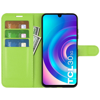 Folio Flip Litchi Skin Leather Case for TCL 30 5G, Wallet Adjustable Horizontal Stand Cover Phone Accessory