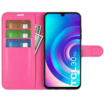 Folio Flip Litchi Skin Leather Case for TCL 30 5G, Wallet Adjustable Horizontal Stand Cover Phone Accessory