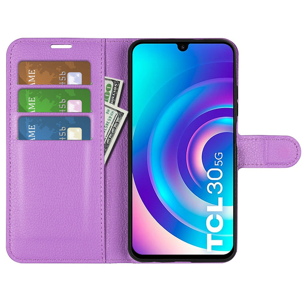 Folio Flip Litchi Skin Leather Case for TCL 30 5G, Wallet Adjustable Horizontal Stand Cover Phone Accessory