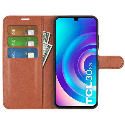 Folio Flip Litchi Skin Leather Case for TCL 30 5G, Wallet Adjustable Horizontal Stand Cover Phone Accessory