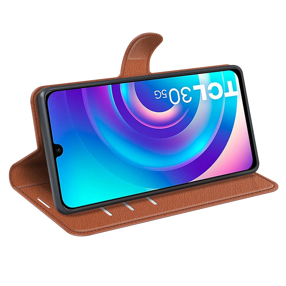 Folio Flip Litchi Skin Leather Case for TCL 30 5G, Wallet Adjustable Horizontal Stand Cover Phone Accessory