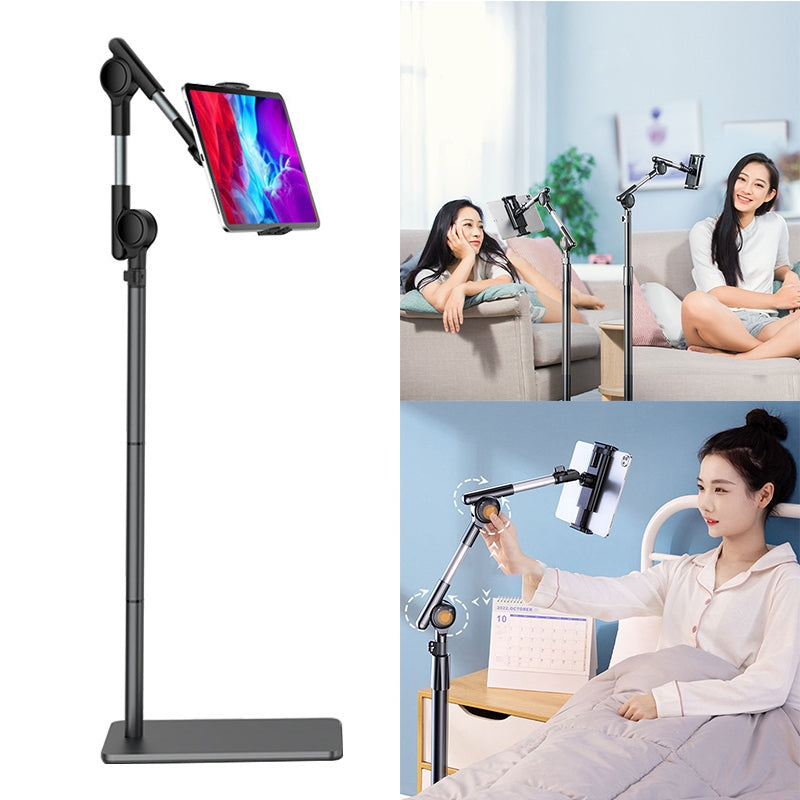 1.4m Turbo Self-Locking Tablet Floor Stand Cell Phone Anti-Shake Holder with Stable Base 360-Degree Rotating Mobile Phone Lazy Bracket for Live Streaming