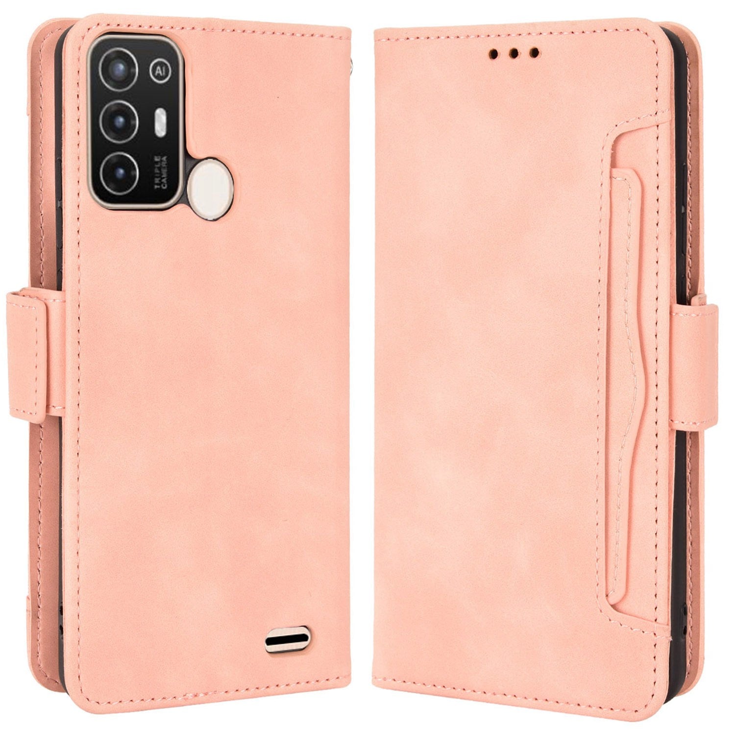 Multiple Card Slots Phone Case for ZTE Blade A52, PU Leather Stand Wallet Double Magnetic Clasp Cover