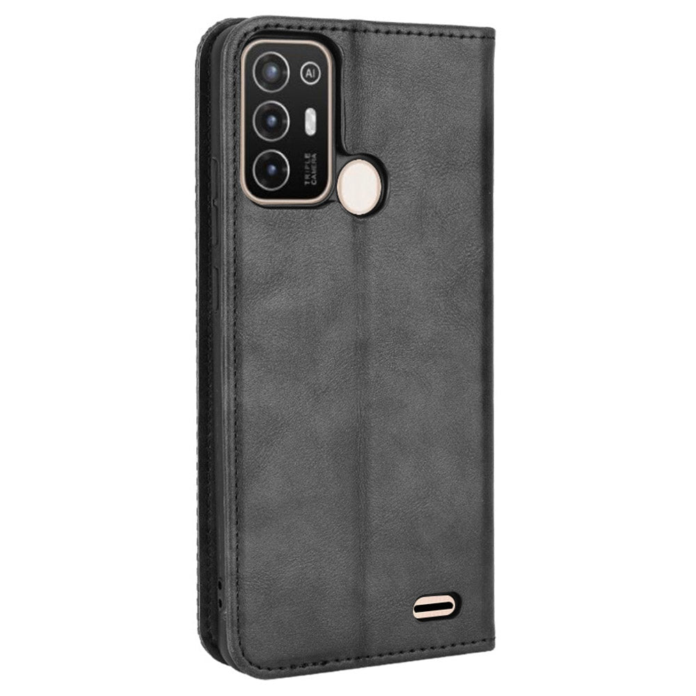 For ZTE Blade A52 Retro Texture Magnetic Auto-absorbed Phone Case PU Leather Wallet Stand Cover