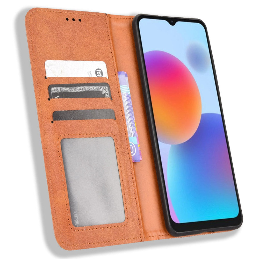 For ZTE Blade A52 Retro Texture Magnetic Auto-absorbed Phone Case PU Leather Wallet Stand Cover