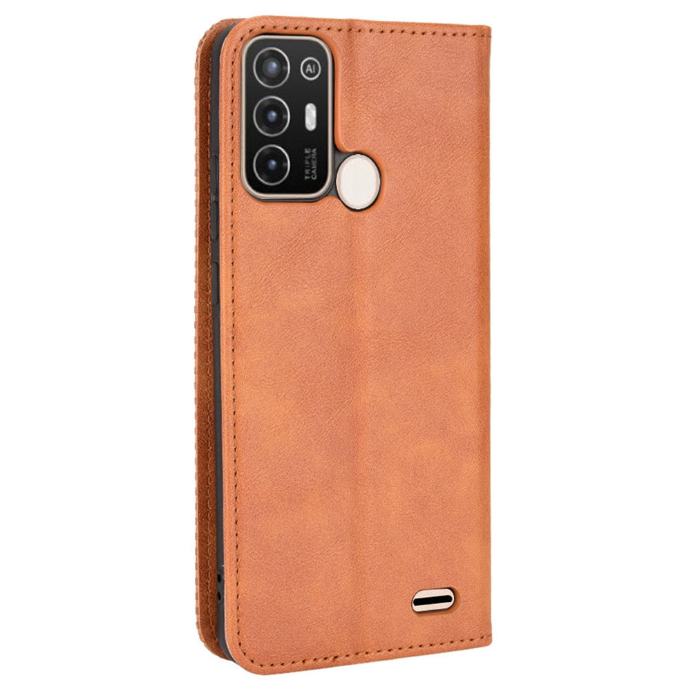 For ZTE Blade A52 Retro Texture Magnetic Auto-absorbed Phone Case PU Leather Wallet Stand Cover