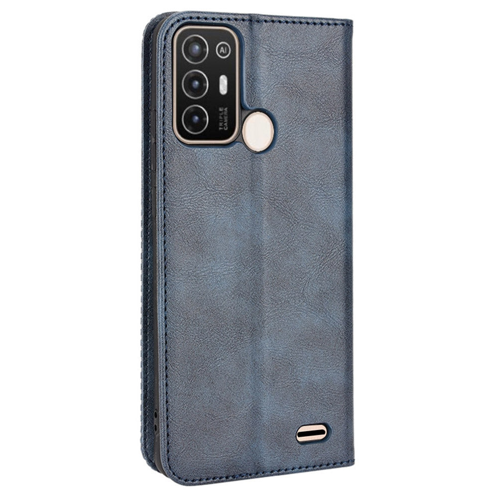 For ZTE Blade A52 Retro Texture Magnetic Auto-absorbed Phone Case PU Leather Wallet Stand Cover