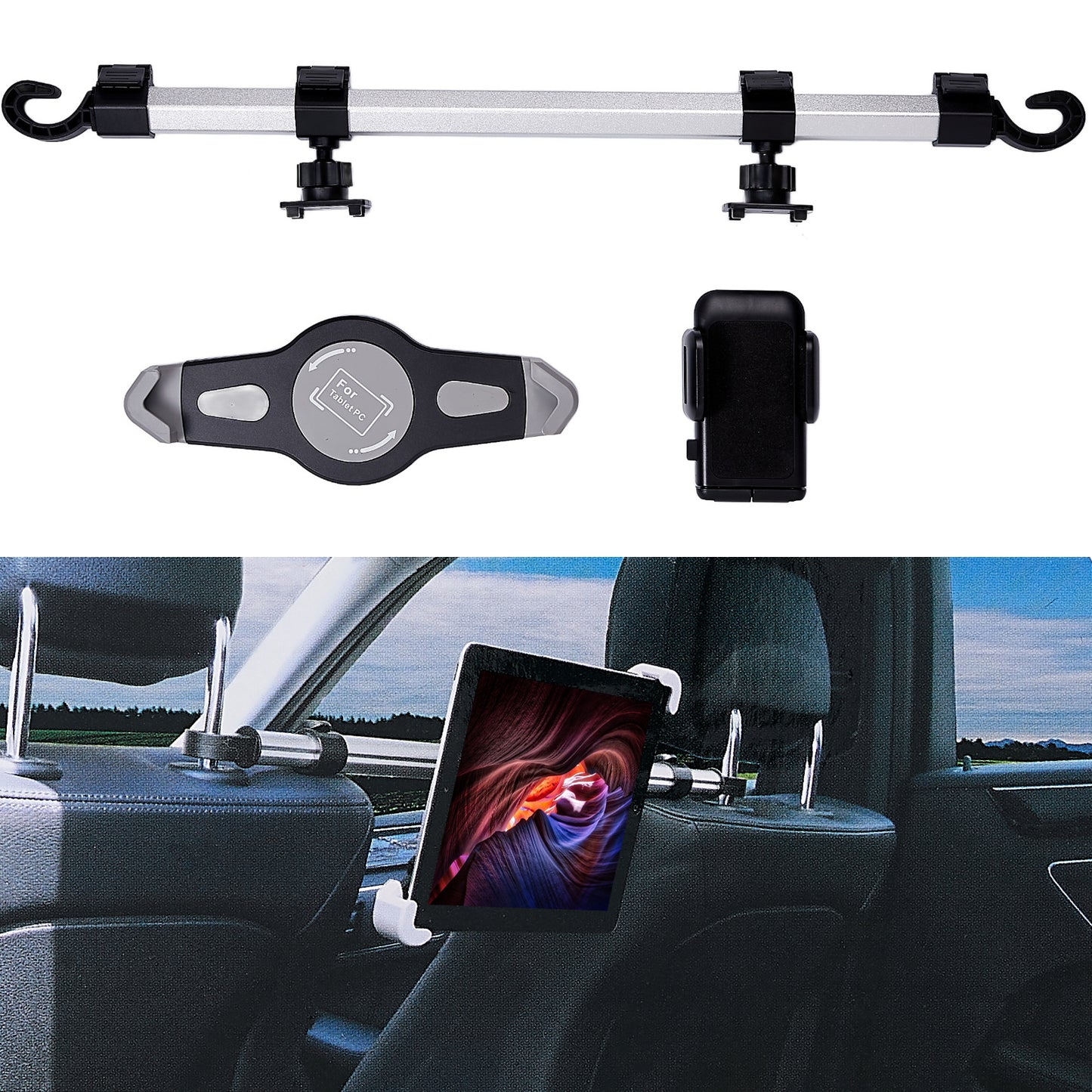 T26-2+C68+C82 Hexagonal Rod Car Back Seat Phone Tablet Holder Stand Headrest Mount Cellphone Tablet Bracket