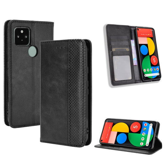 Vintage Style Magnetic PU Leather Cover with Wallet Stand Phone Casing for Google Pixel 5