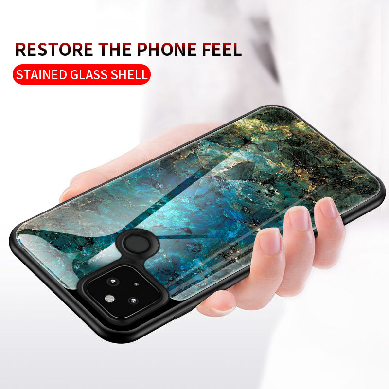 Soft TPU Edge + Marbling Tempered Glass Cell Phone Hybrid Cover for Google Pixel 4a 5G