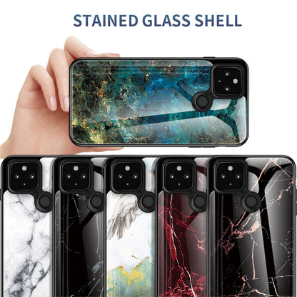 Soft TPU Edge + Marbling Tempered Glass Cell Phone Hybrid Cover for Google Pixel 4a 5G