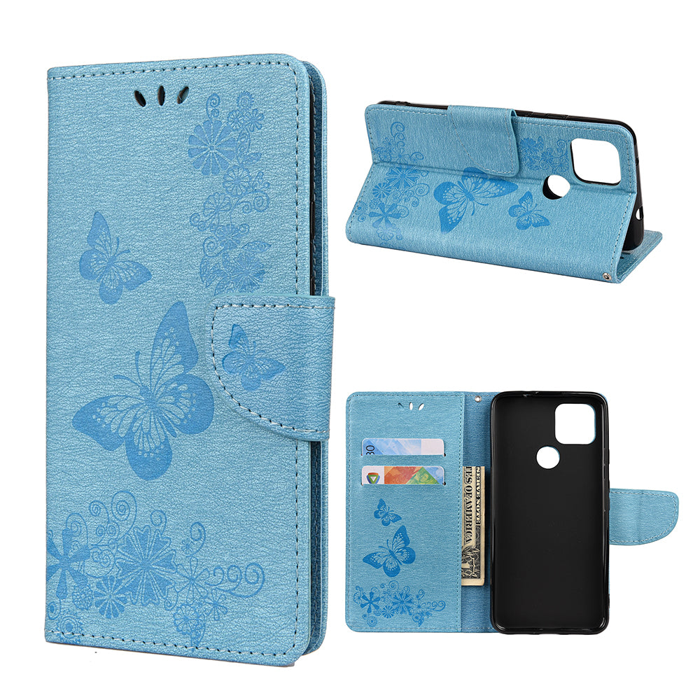 Butterfly Flower Imprint Leather Wallet Case with Stand for Google Pixel 4a 5G