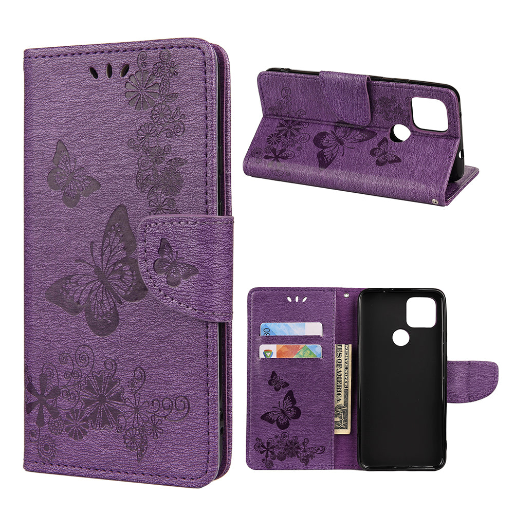 Butterfly Flower Imprint Leather Wallet Case with Stand for Google Pixel 4a 5G