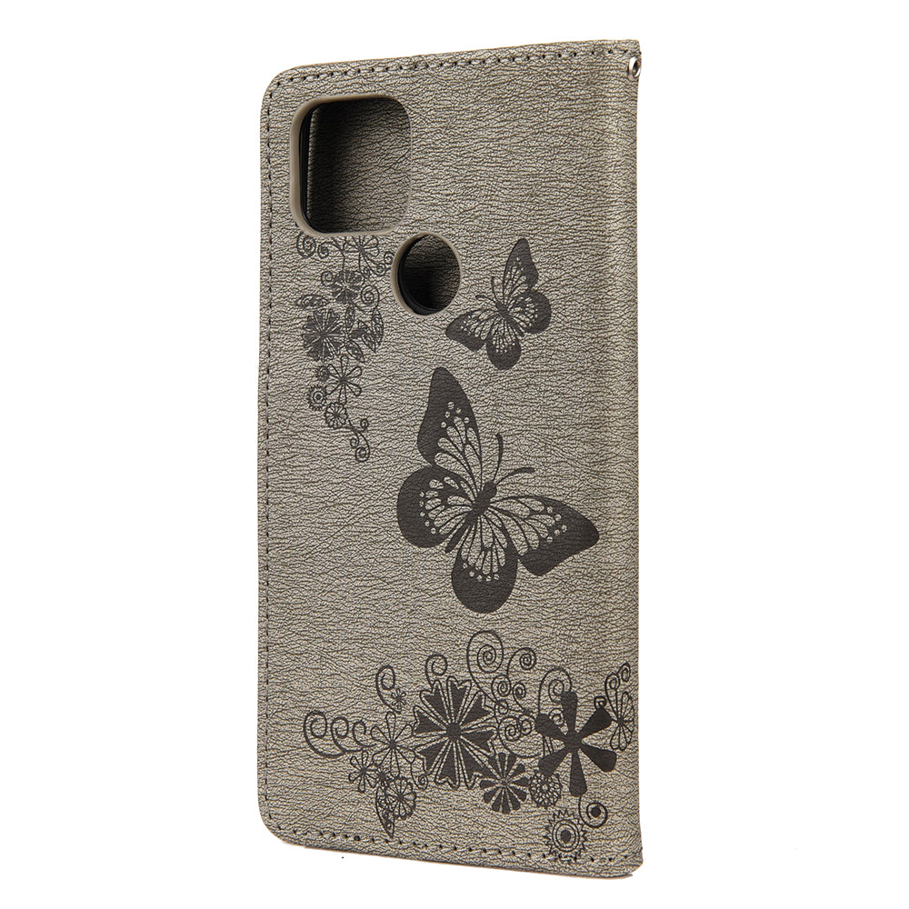 Butterfly Flower Imprint Leather Wallet Case with Stand for Google Pixel 4a 5G