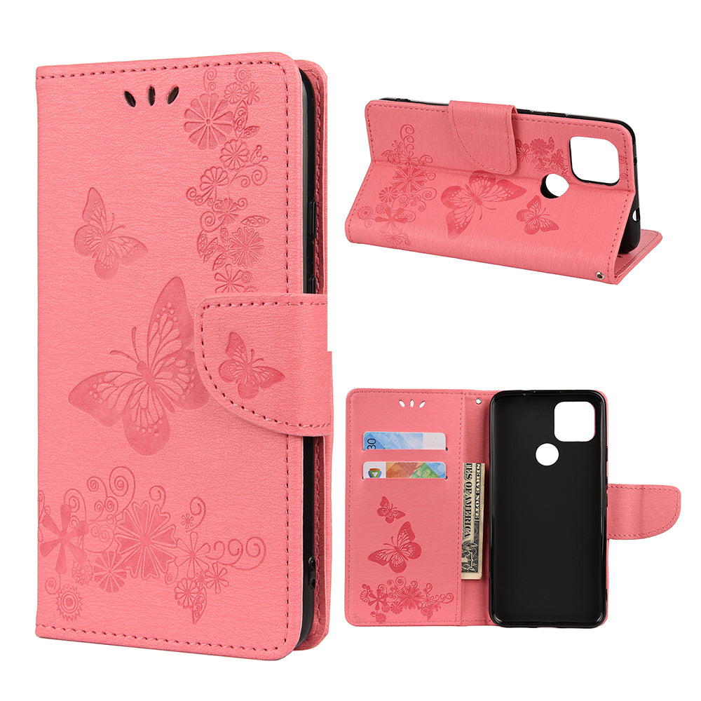 Butterfly Flower Imprint Leather Wallet Case with Stand for Google Pixel 4a 5G