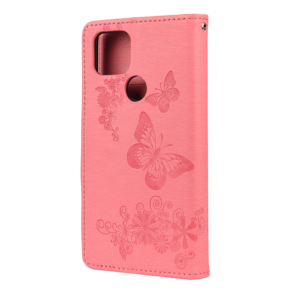 Butterfly Flower Imprint Leather Wallet Case with Stand for Google Pixel 4a 5G