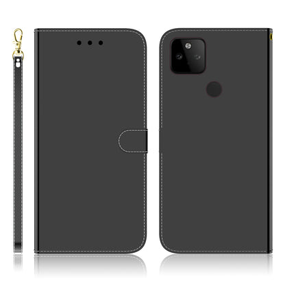 Well-Protected Mirror-like Surface Leather Case + Wrist Strap with Wallet Stand Design for Google Pixel 5a 5G