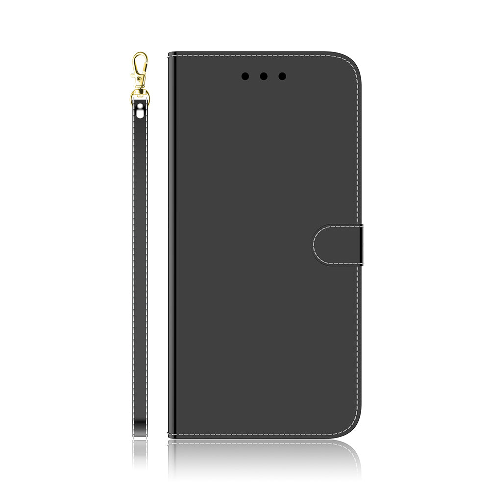 Well-Protected Mirror-like Surface Leather Case + Wrist Strap with Wallet Stand Design for Google Pixel 5a 5G