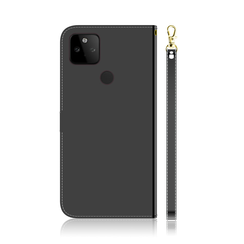 Well-Protected Mirror-like Surface Leather Case + Wrist Strap with Wallet Stand Design for Google Pixel 5a 5G