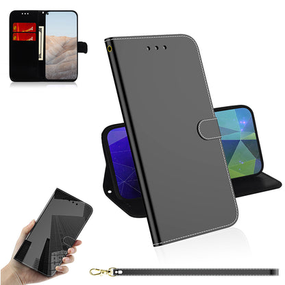 Well-Protected Mirror-like Surface Leather Case + Wrist Strap with Wallet Stand Design for Google Pixel 5a 5G