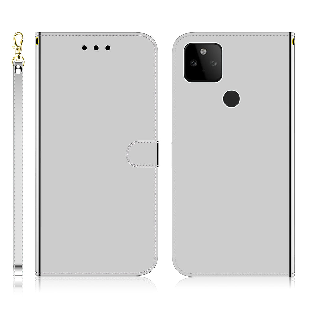 Well-Protected Mirror-like Surface Leather Case + Wrist Strap with Wallet Stand Design for Google Pixel 5a 5G