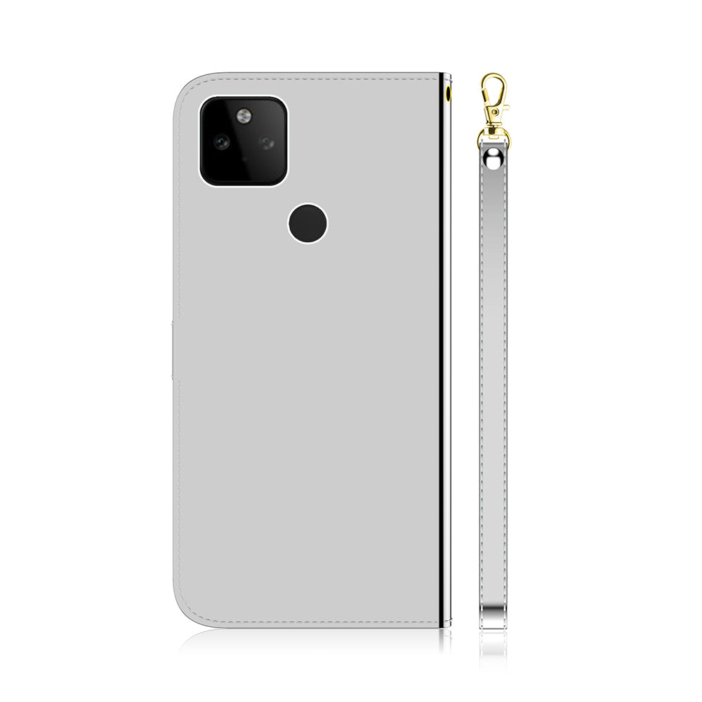 Well-Protected Mirror-like Surface Leather Case + Wrist Strap with Wallet Stand Design for Google Pixel 5a 5G