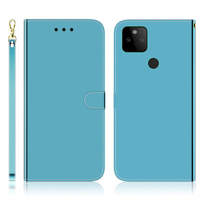 Well-Protected Mirror-like Surface Leather Case + Wrist Strap with Wallet Stand Design for Google Pixel 5a 5G