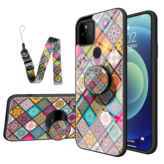 Colorful Flower Printing Design Hybrid Glass Case Phone Protector with Lanyard for Google Pixel 5a 5G