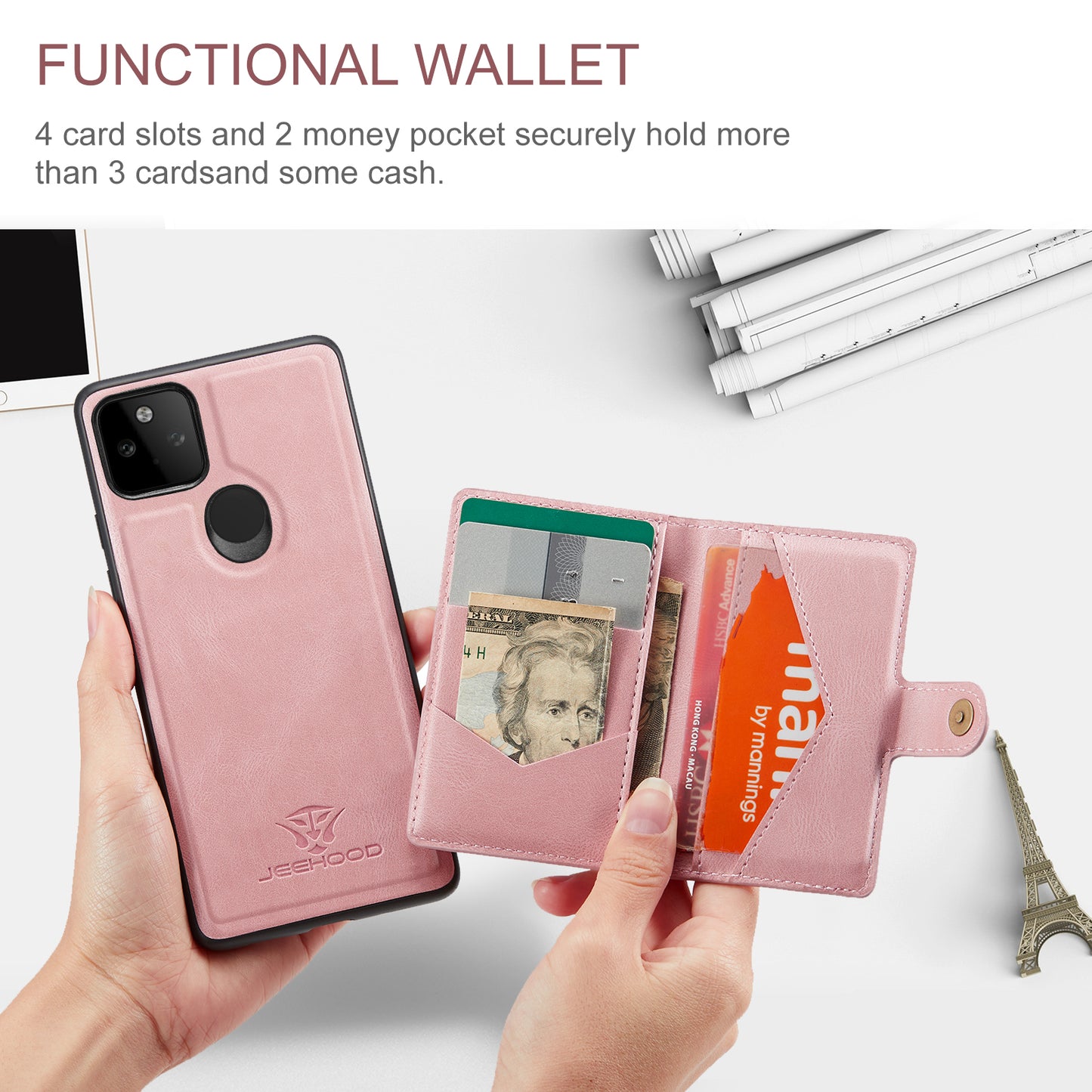 JEEHOOD Magnetic Clasp Wallet Design Detachable 2-in-1 Leather Coated TPU Phone Case for Google Pixel 5a 5G