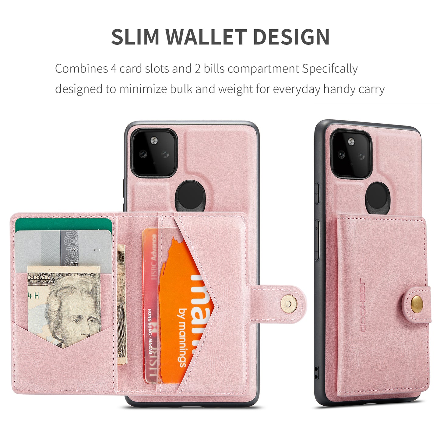 JEEHOOD Magnetic Clasp Wallet Design Detachable 2-in-1 Leather Coated TPU Phone Case for Google Pixel 5a 5G