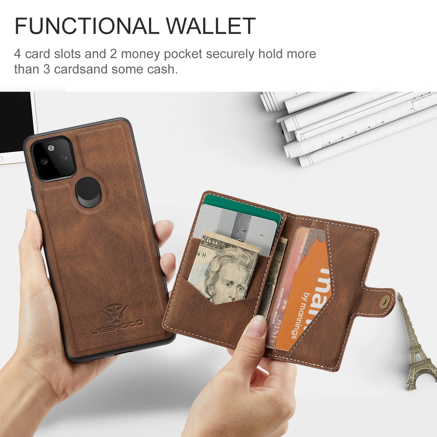 JEEHOOD Magnetic Clasp Wallet Design Detachable 2-in-1 Leather Coated TPU Phone Case for Google Pixel 5a 5G