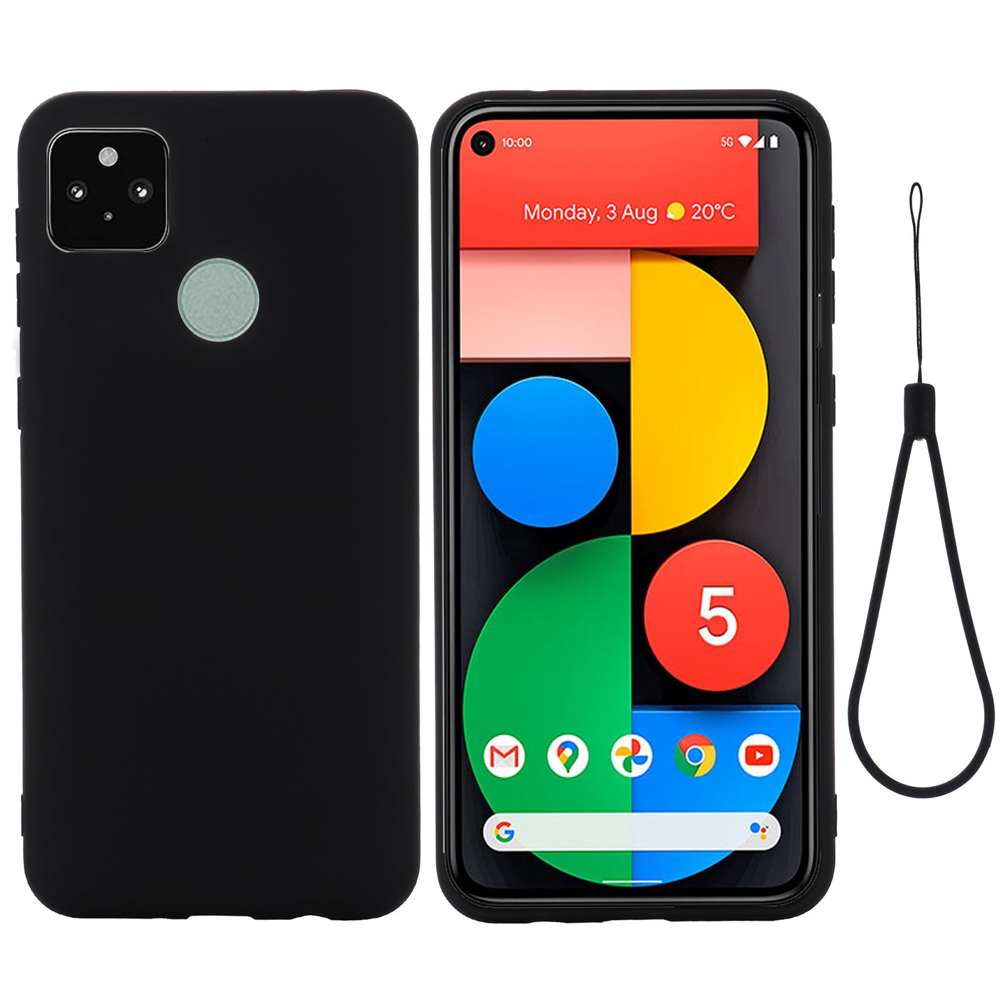 Well-Protected Solid Color Liquid Silicone Phone Protective Shell with Strap for Google Pixel 5a 5G