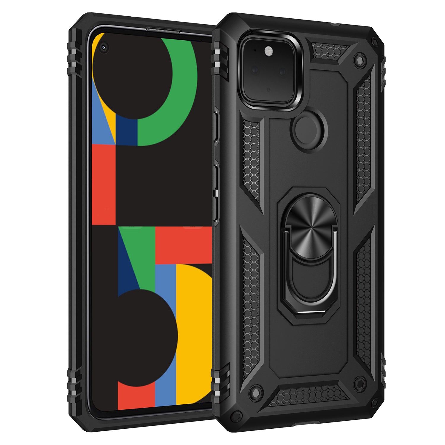 Hybrid PC + TPU + Metal Anti-Fall Finger Ring Kickstand Phone Case Shell for Google Pixel 4a 5G