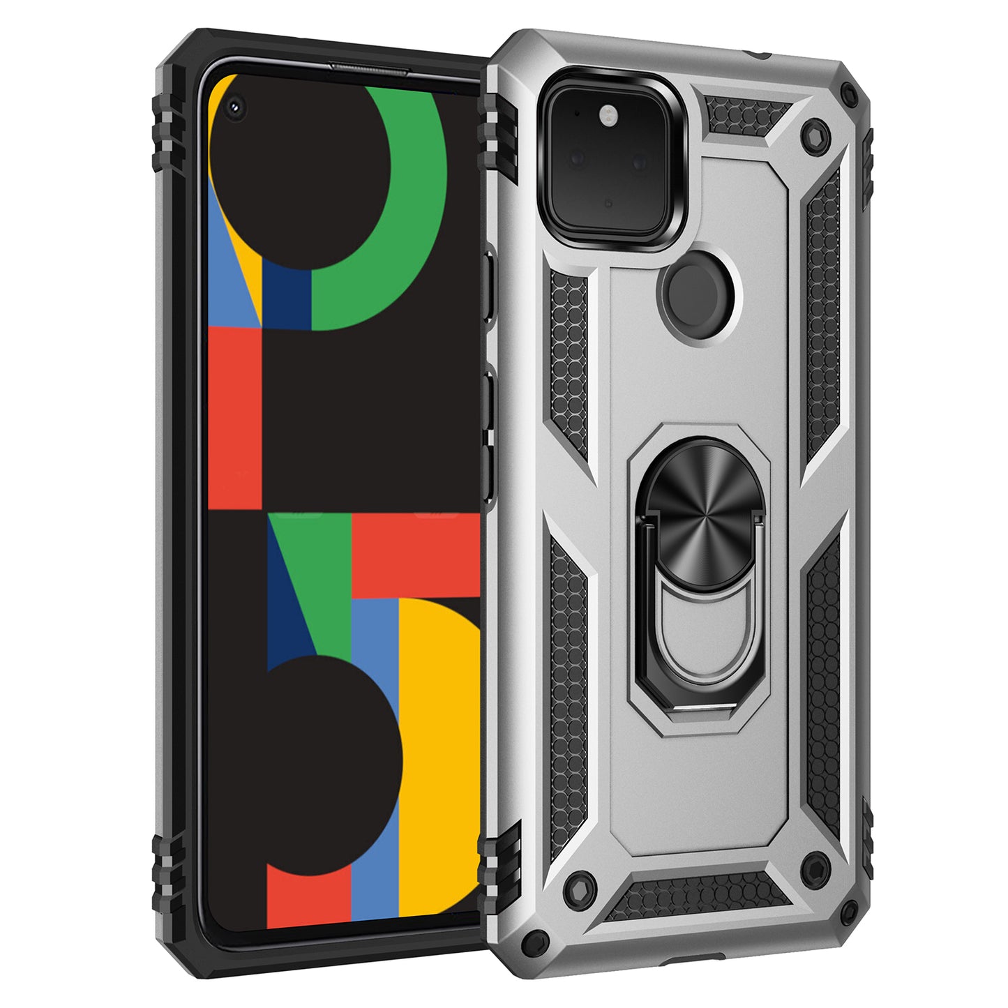 Hybrid PC + TPU + Metal Anti-Fall Finger Ring Kickstand Phone Case Shell for Google Pixel 4a 5G