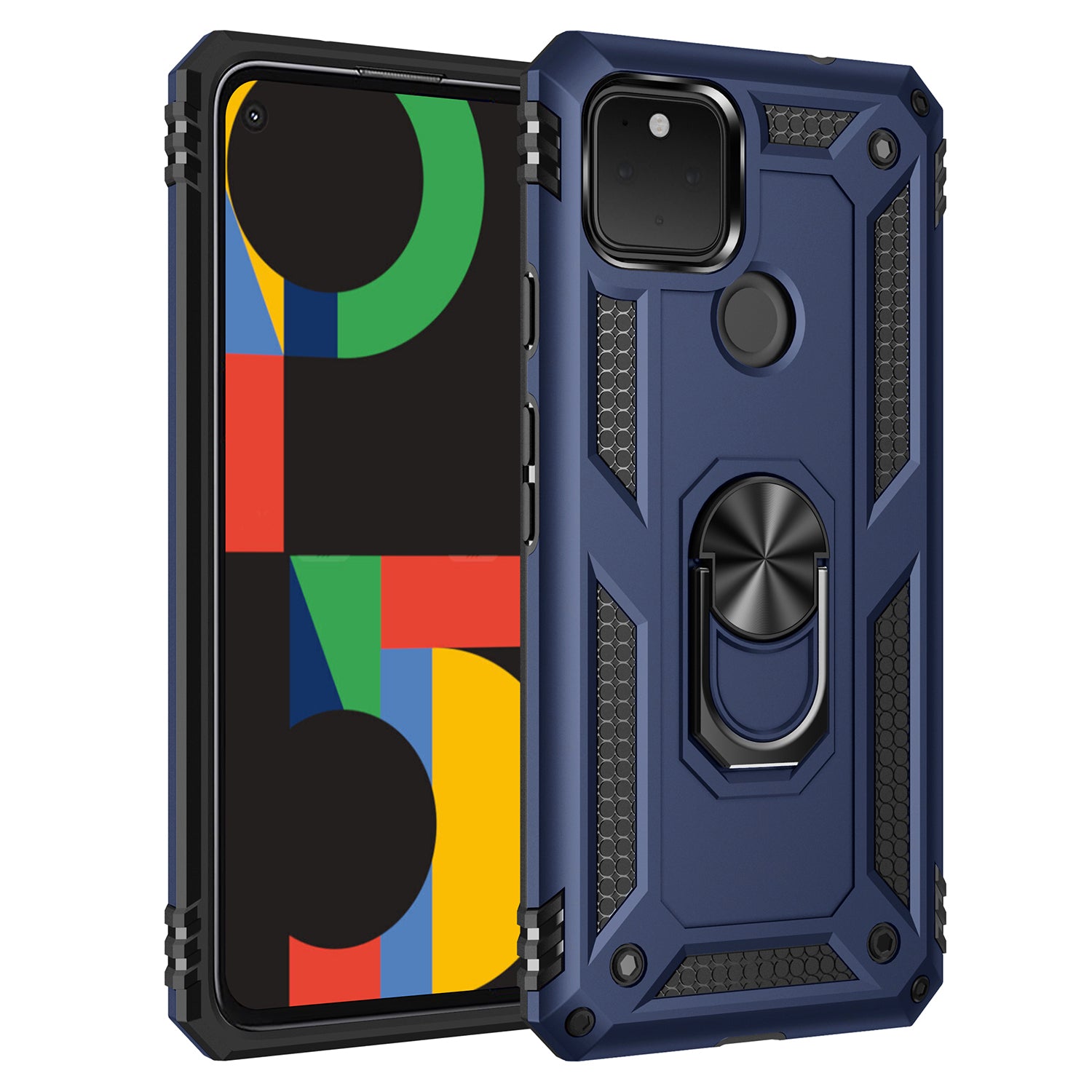 Hybrid PC + TPU + Metal Anti-Fall Finger Ring Kickstand Phone Case Shell for Google Pixel 4a 5G