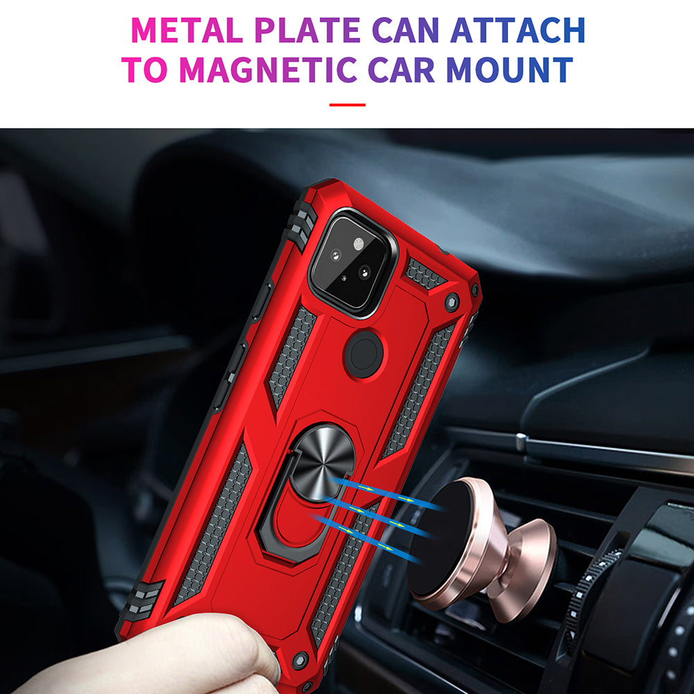 Anti-Fall Hybrid PC + TPU Phone Case Shell with Finger Ring Kickstand for Google Pixel 5a