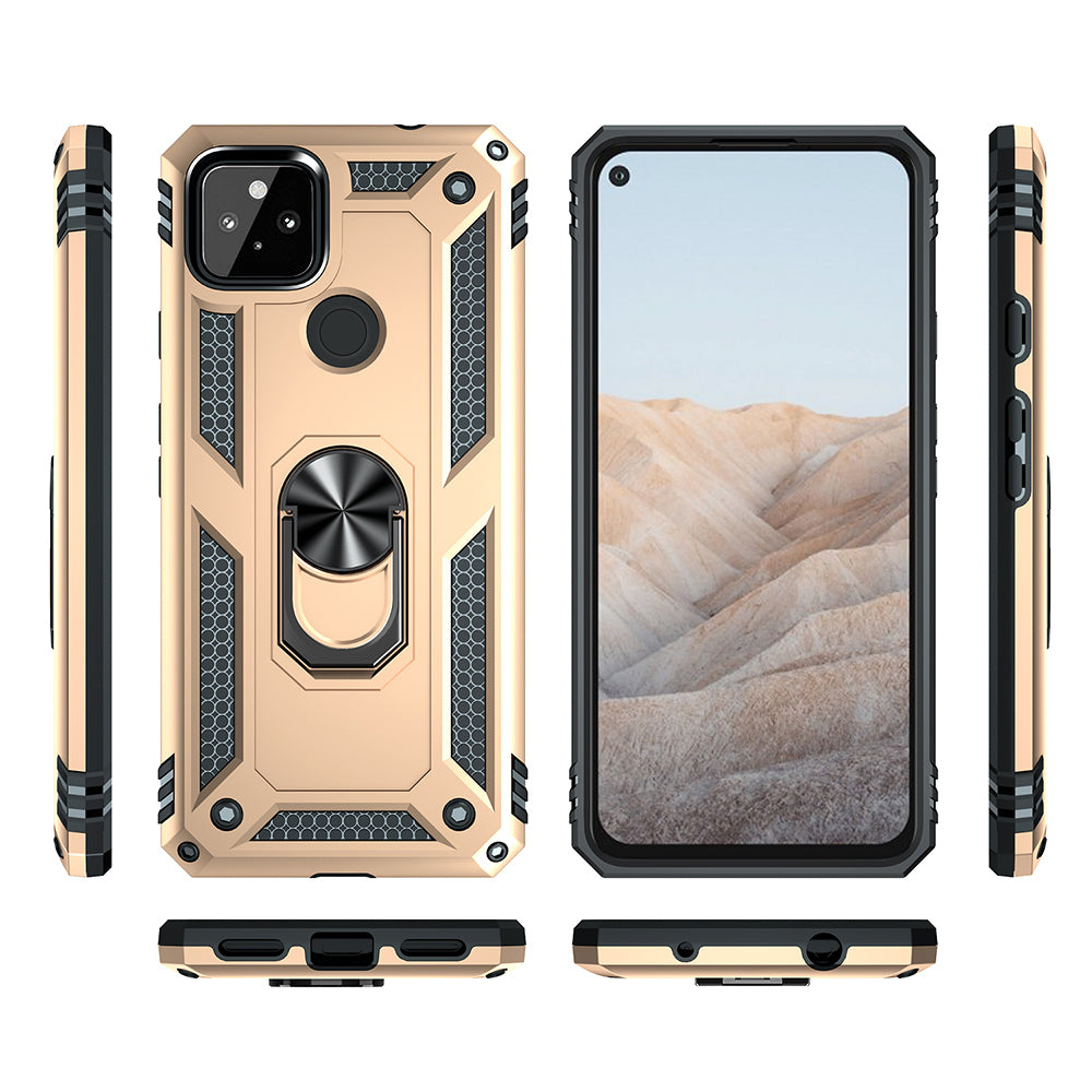 Anti-Fall Hybrid PC + TPU Phone Case Shell with Finger Ring Kickstand for Google Pixel 5a