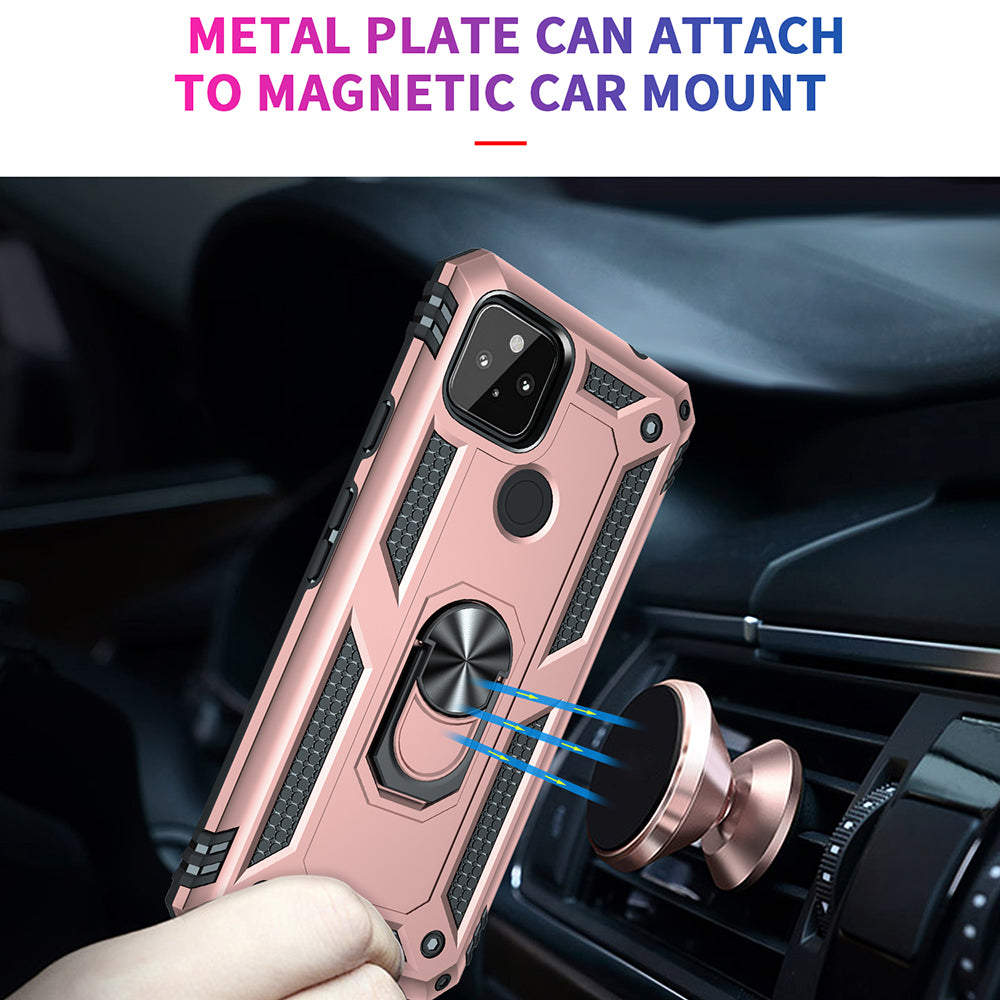 Anti-Fall Hybrid PC + TPU Phone Case Shell with Finger Ring Kickstand for Google Pixel 5a