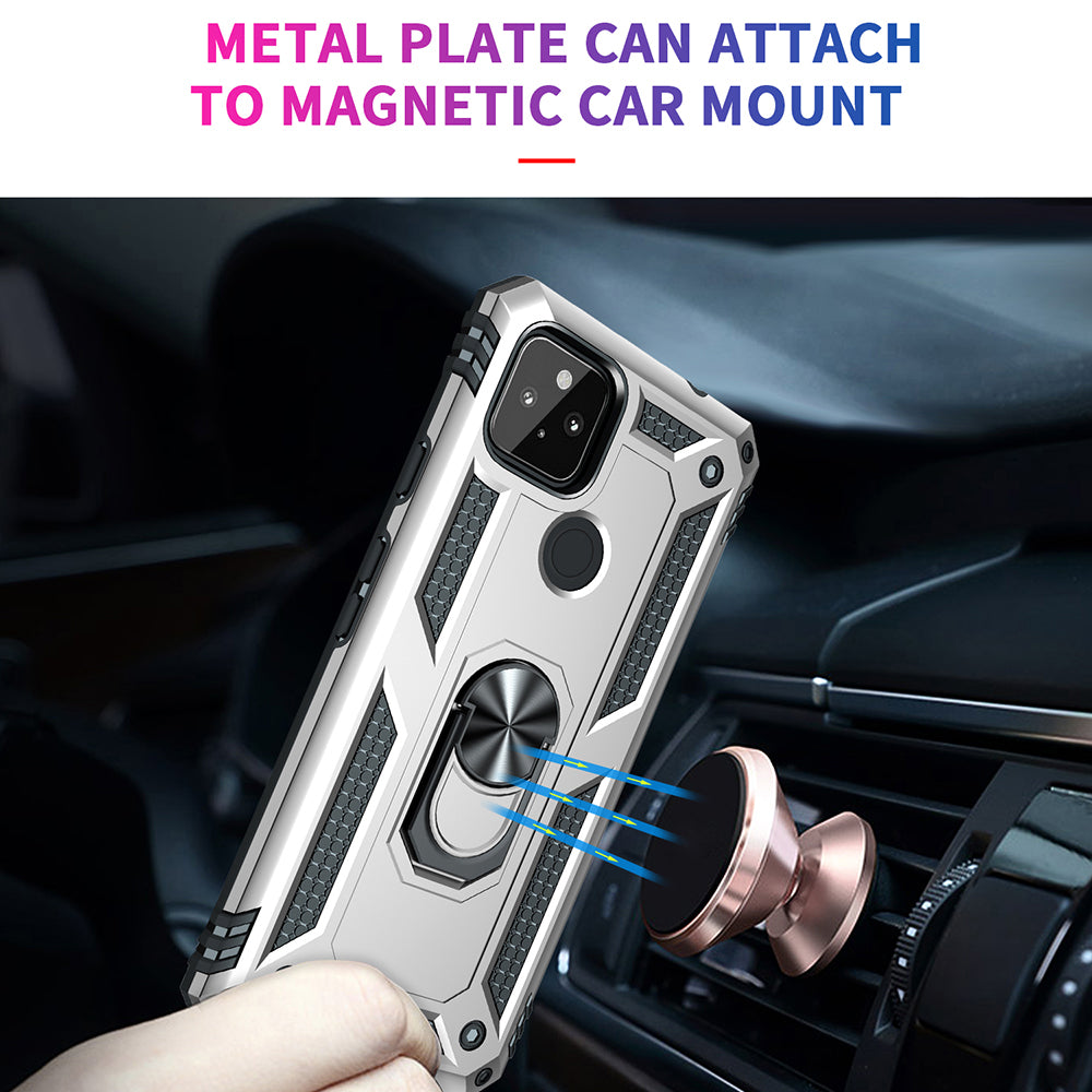 Anti-Fall Hybrid PC + TPU Phone Case Shell with Finger Ring Kickstand for Google Pixel 5a