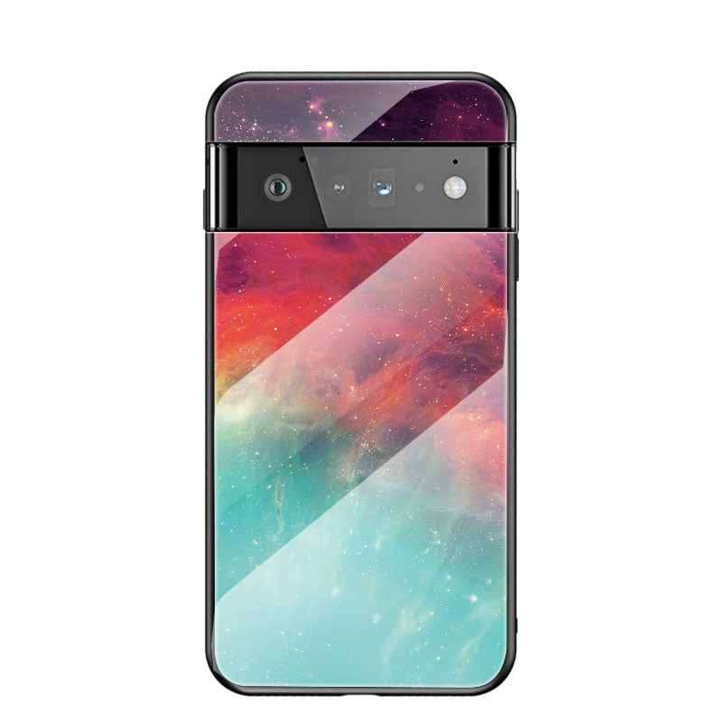 Drop-resistant Starry Sky Pattern Tempered Glass Phone Hybrid Back Case for Google Pixel 6 Pro