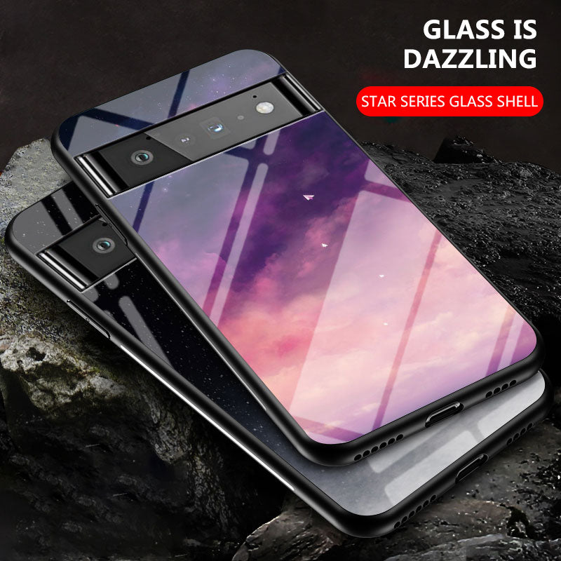 Drop-resistant Starry Sky Pattern Tempered Glass Phone Hybrid Back Case for Google Pixel 6 Pro