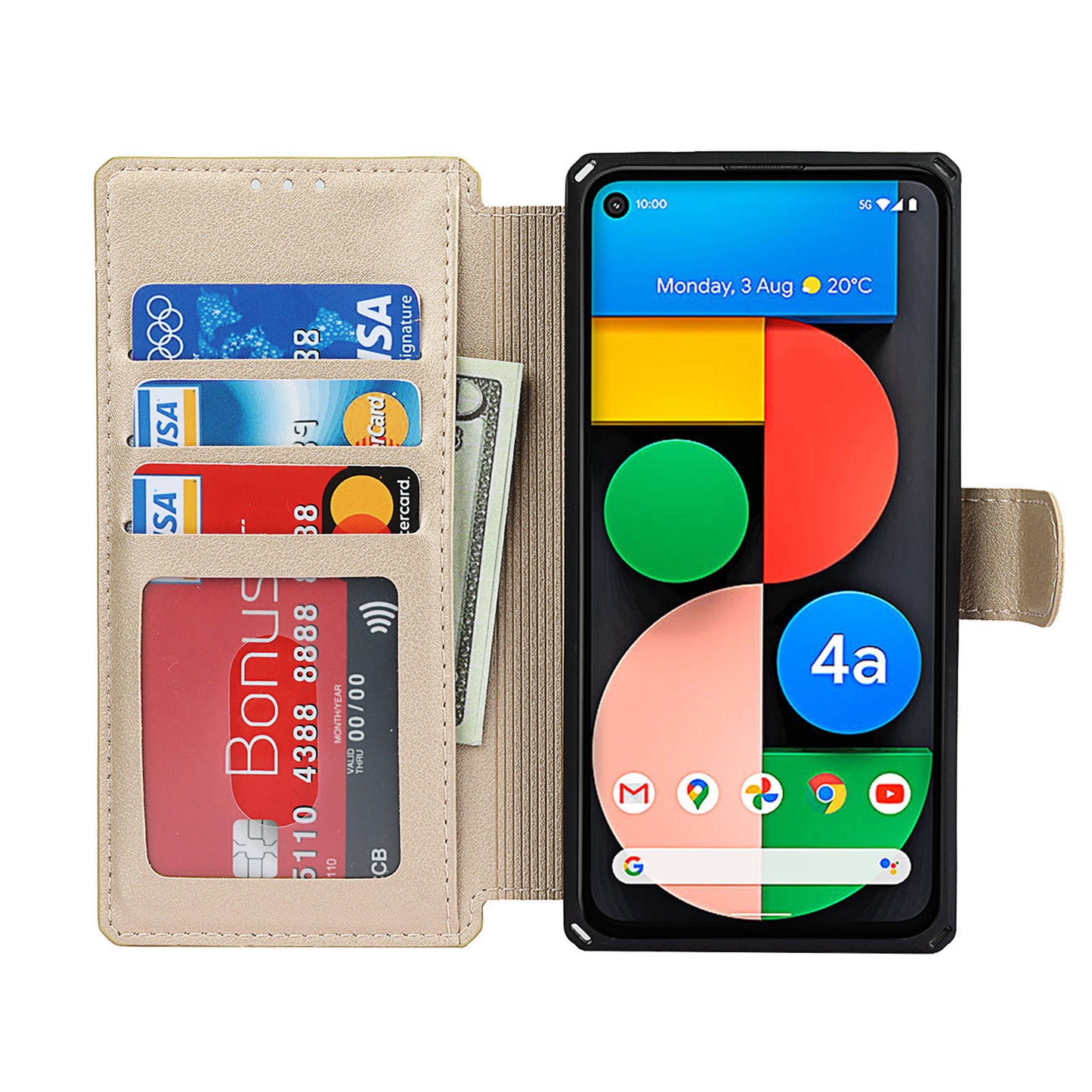 PU Leather Wallet Phone Cover with Wrist Strap for Google Pixel 4a