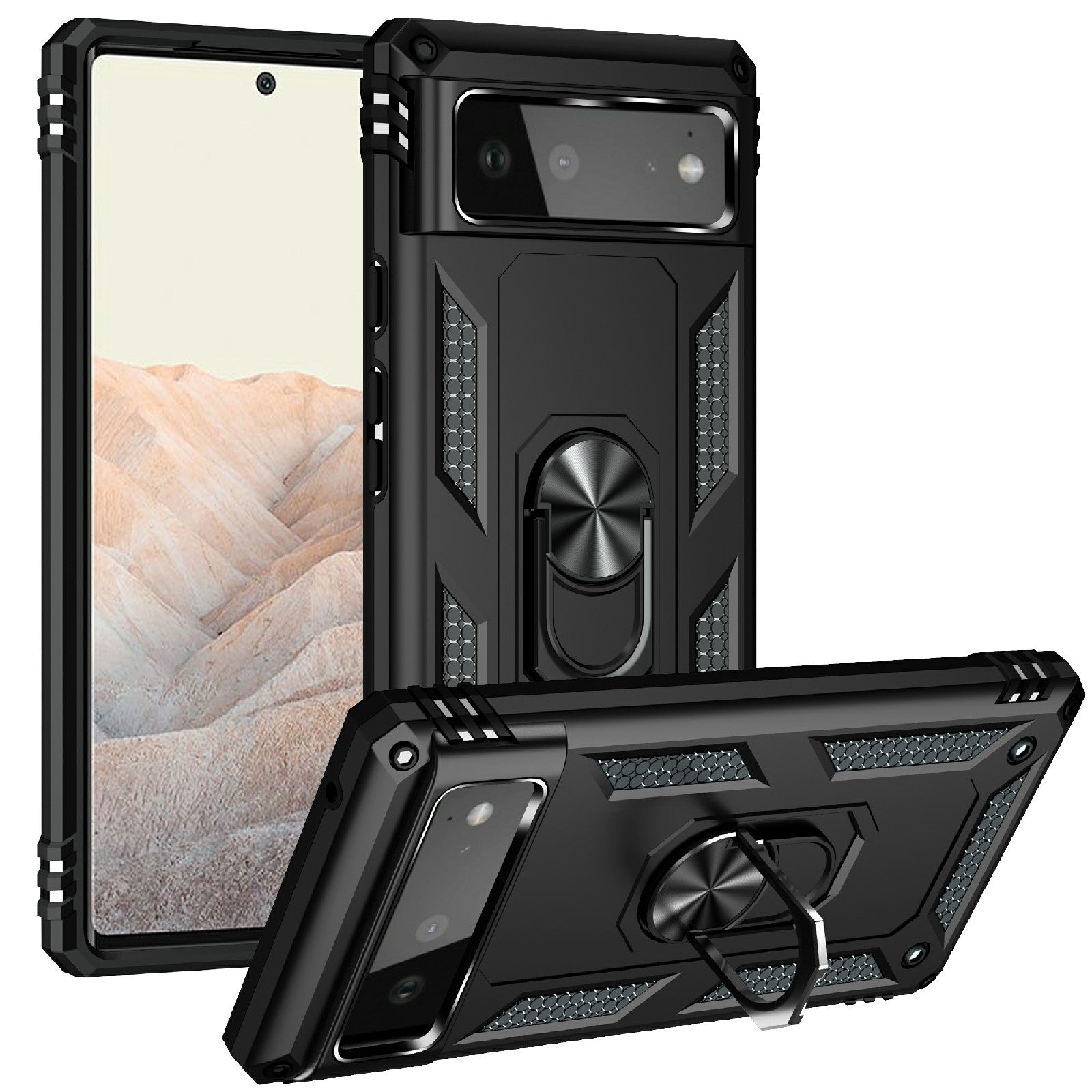 Military Grade PC + TPU Shockproof Hybrid Cover with Rotary Ring Kickstand for Google Pixel 6