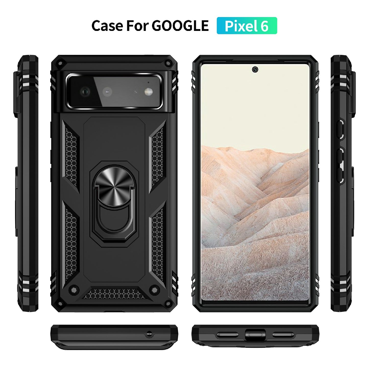 Military Grade PC + TPU Shockproof Hybrid Cover with Rotary Ring Kickstand for Google Pixel 6