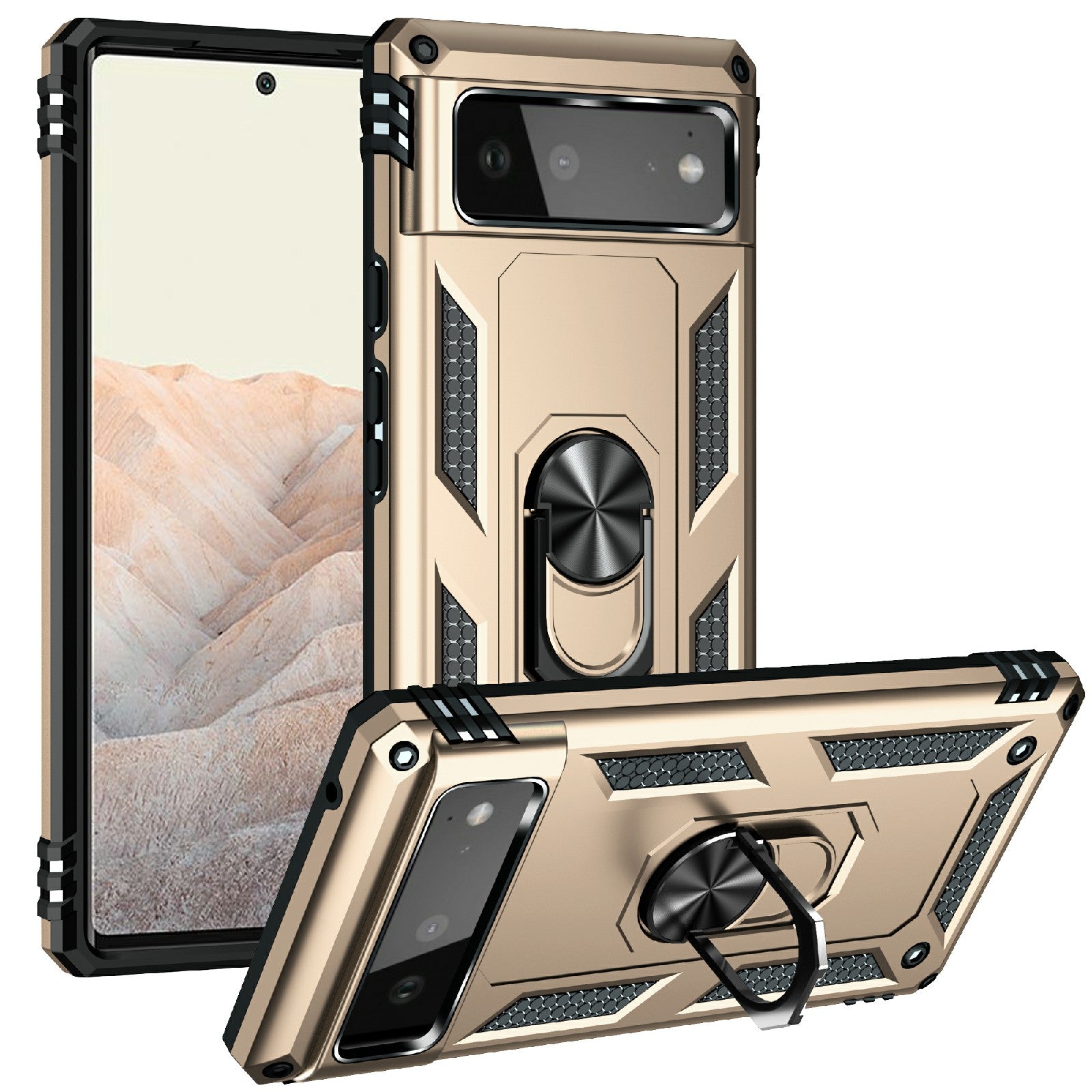 Military Grade PC + TPU Shockproof Hybrid Cover with Rotary Ring Kickstand for Google Pixel 6