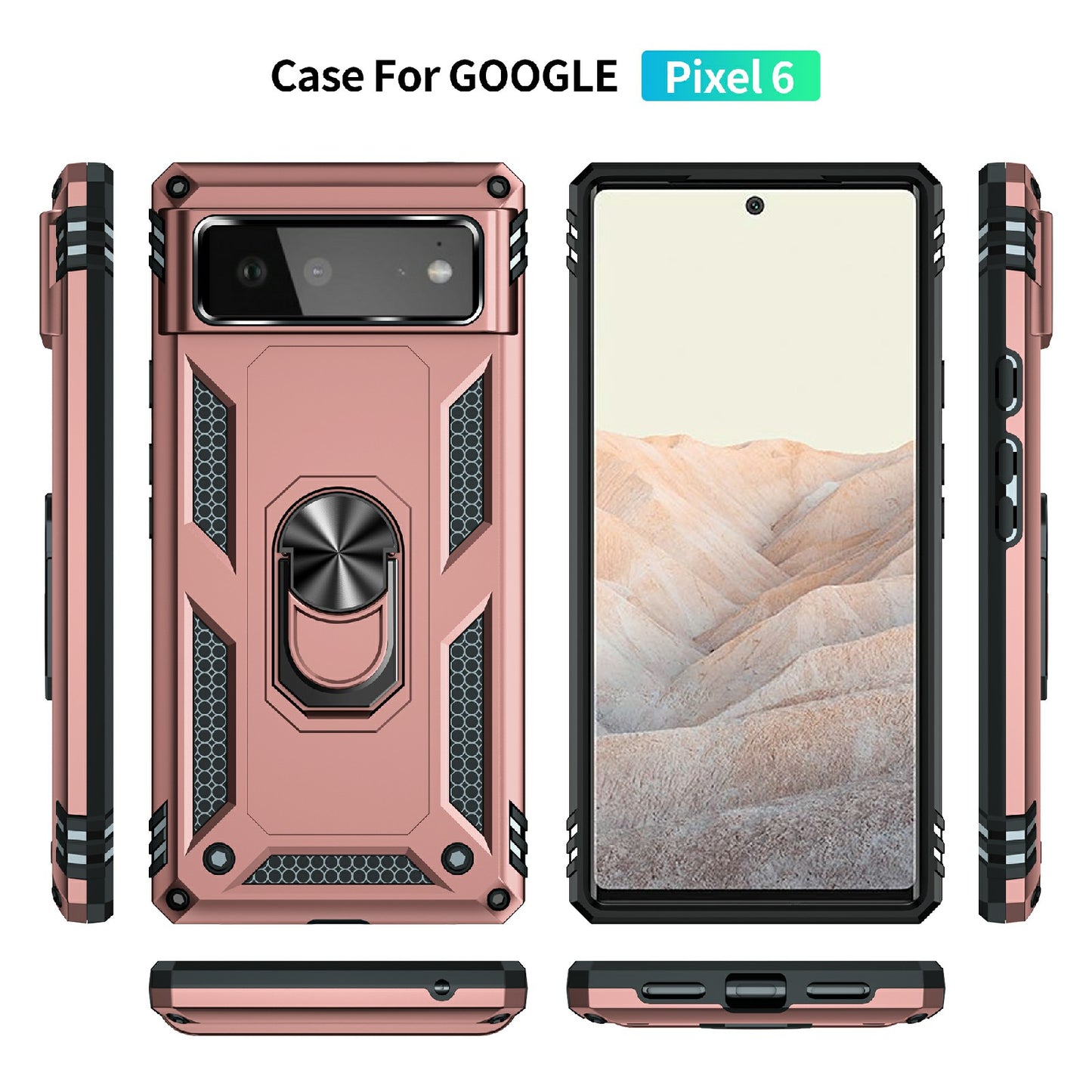 Military Grade PC + TPU Shockproof Hybrid Cover with Rotary Ring Kickstand for Google Pixel 6