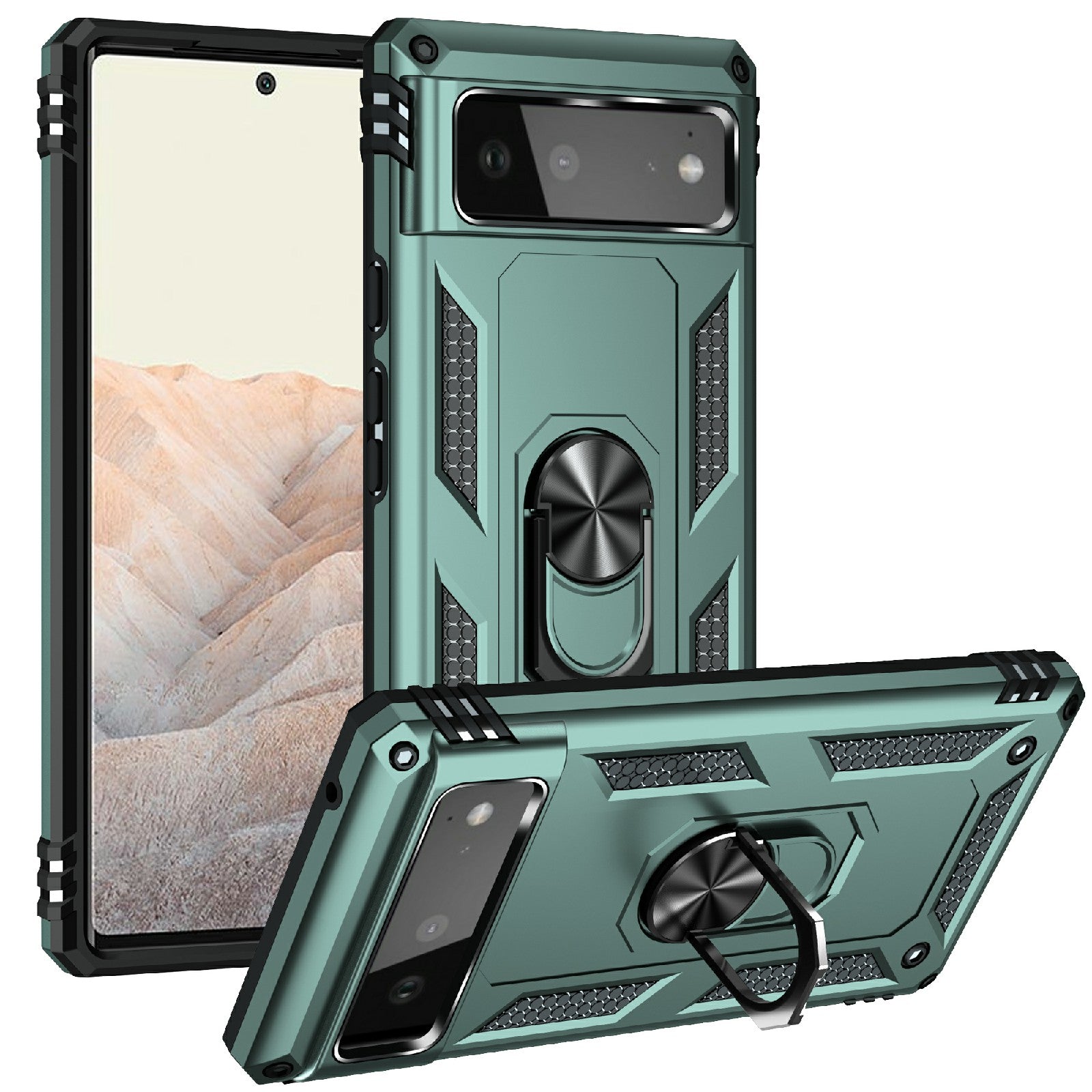 Military Grade PC + TPU Shockproof Hybrid Cover with Rotary Ring Kickstand for Google Pixel 6