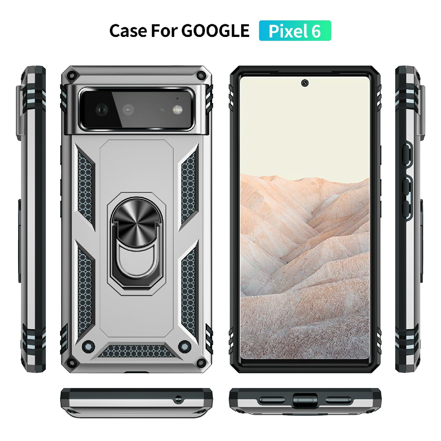 Military Grade PC + TPU Shockproof Hybrid Cover with Rotary Ring Kickstand for Google Pixel 6