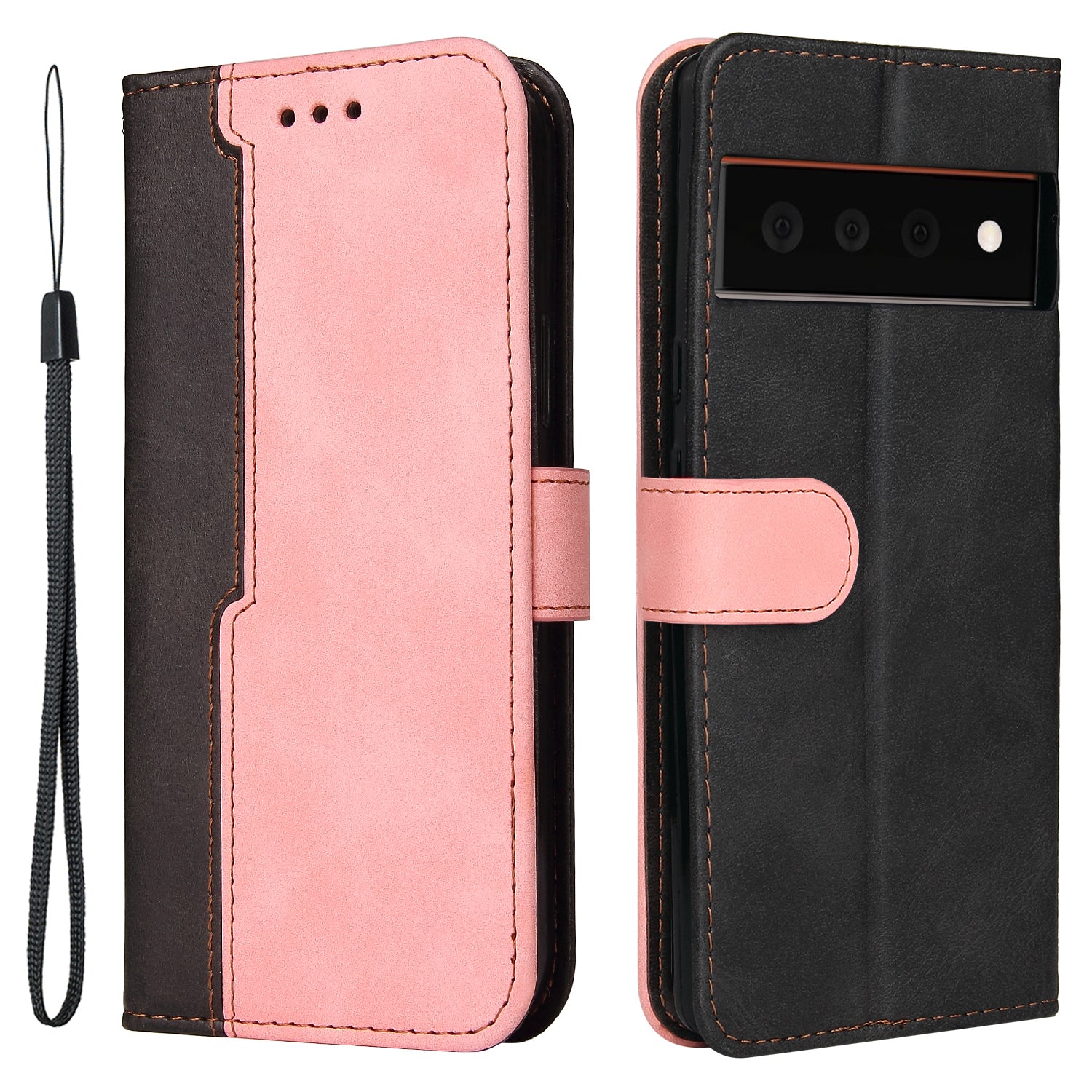 Two-Color Style Magnetic Soft TPU + PU Shockproof Flip Cover Wallet with Strap for Google Pixel 6