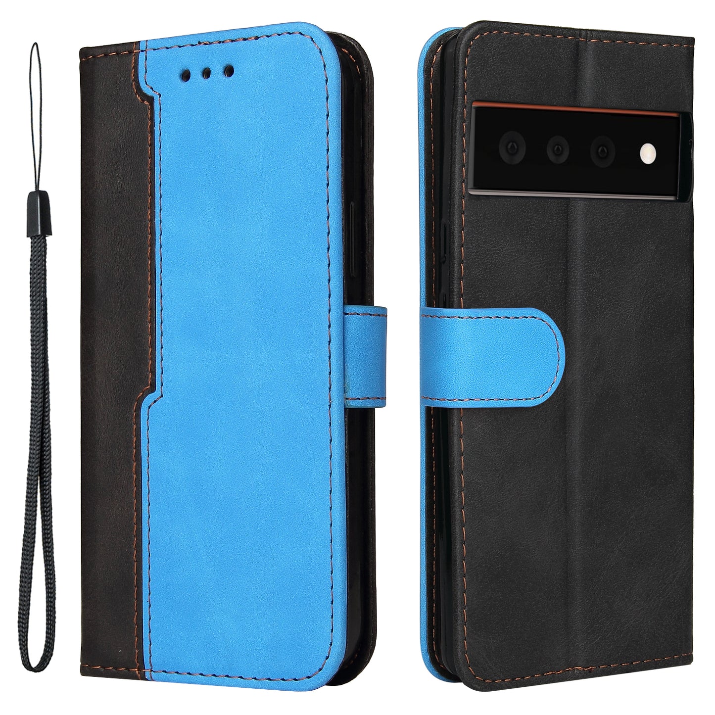 Two-Color Style Magnetic Soft TPU + PU Shockproof Flip Cover Wallet with Strap for Google Pixel 6